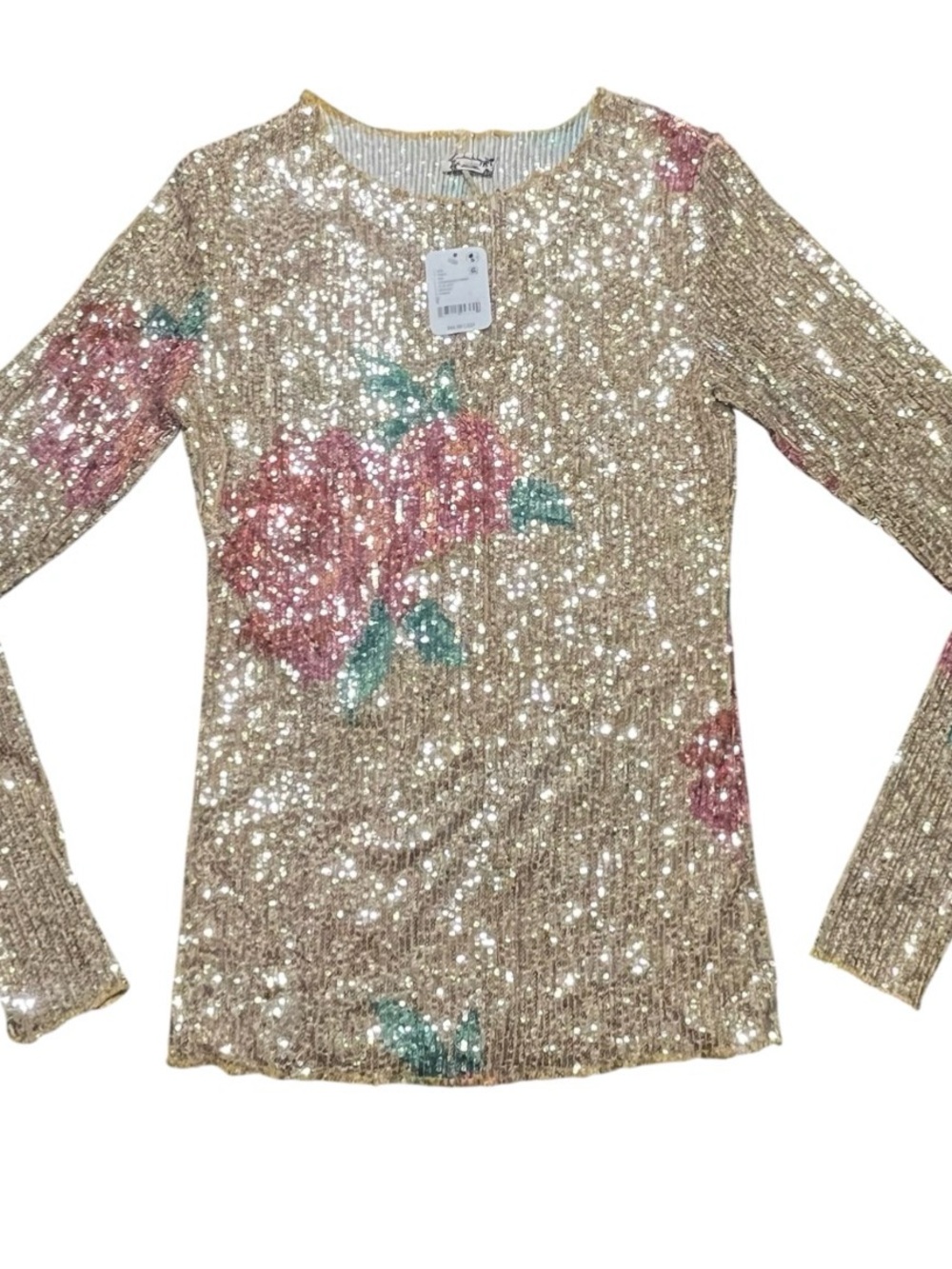 Free People Intimately Gold Pink Sequin Rose Floral Long Sleeve Top NWT Small